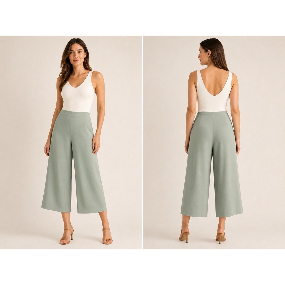 Joie NWT Size 12 Sage Green Wide Leg Cropped Pants Pull On Stretch Culottes‎